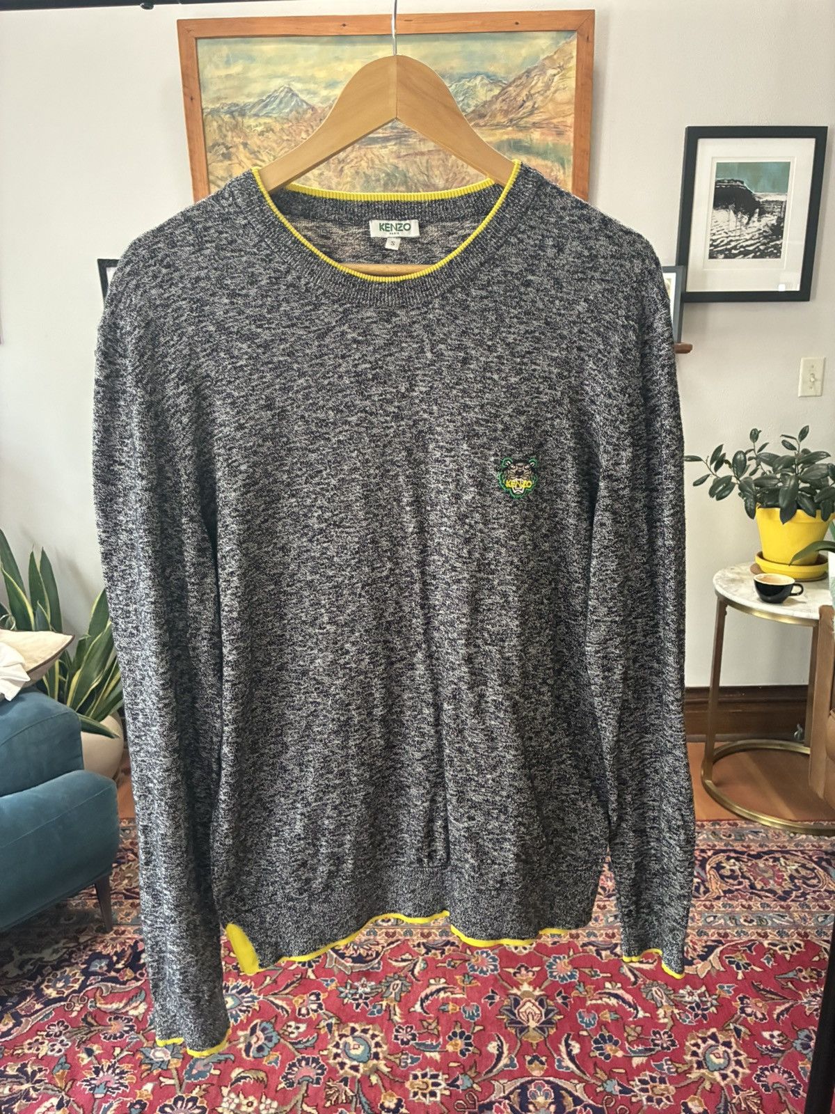 Kenzo Paris Tiger Logo Marled Knit Sweater Neon Trim Size S