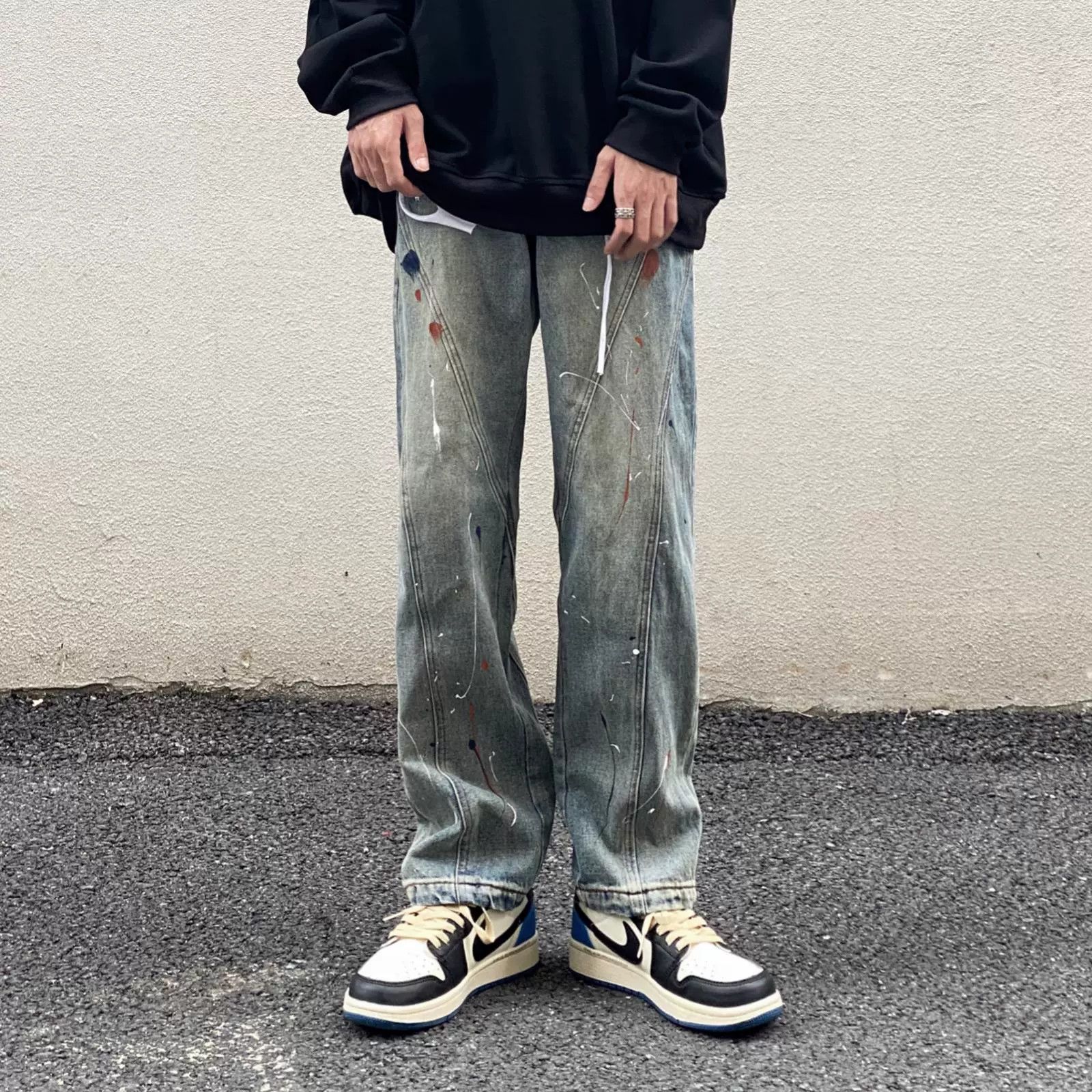 Vintage Retro distressed loose stitching hip-hop ink-splashed jeans Size US 32 / EU 48 - 1 Thumbnail