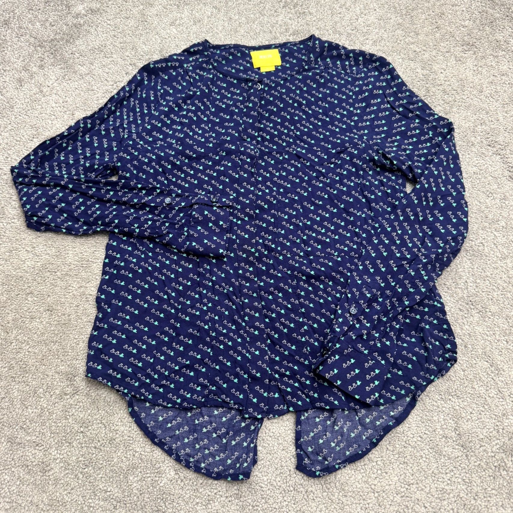 Vintage Maeve Bird Print Button Down Blouse Womens 2 Navy Blue Crew Neck Casual Long Sleeve Rayon Regular Size 2 Blue Women Mens Girls Size XS / US 0-2 / IT 36-38 - 2 Thumbnail