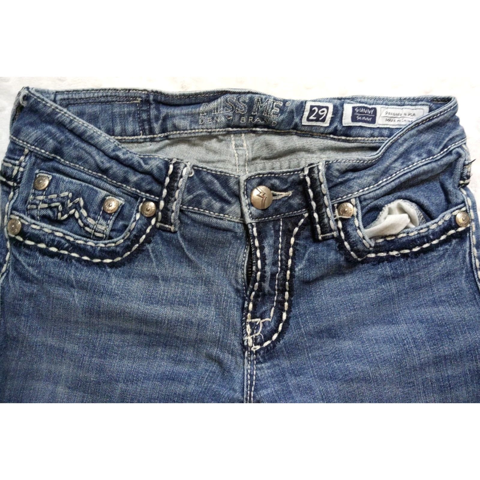Miss Me Miss Me Signature Sunny Skinny Jeans 29 Womens Blue Denim 29x27 Vintage No Long Rise Distressed Embroidered Rhinestone 5-Pocket Regular Fit Size 29" - 4 Thumbnail