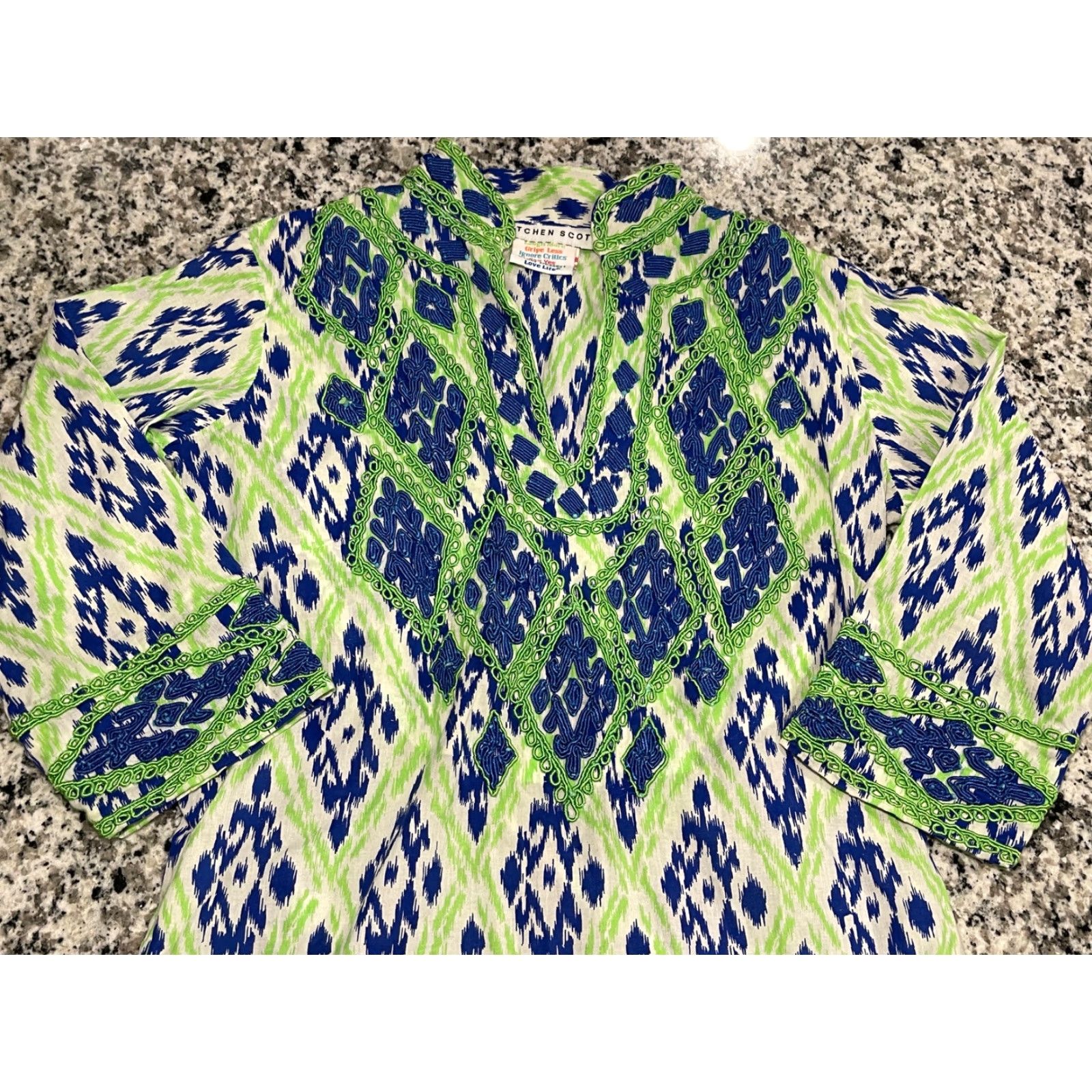 Vintage Gretchen Scott Ikat Dori Dress Embroidered Knee Length Womens XS Green/Blue - Flawless? (But must not introduce new info) Size XS / US 0-2 / IT 36-38 - 2 Thumbnail