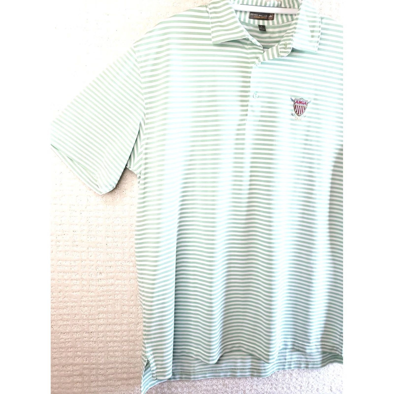 Peter Millar Peter Millar Summer Comfort Polo Shirt Striped Short Sleeve Button Front Mens L Green White Size US L / EU 52-54 / 3 - 7 Thumbnail