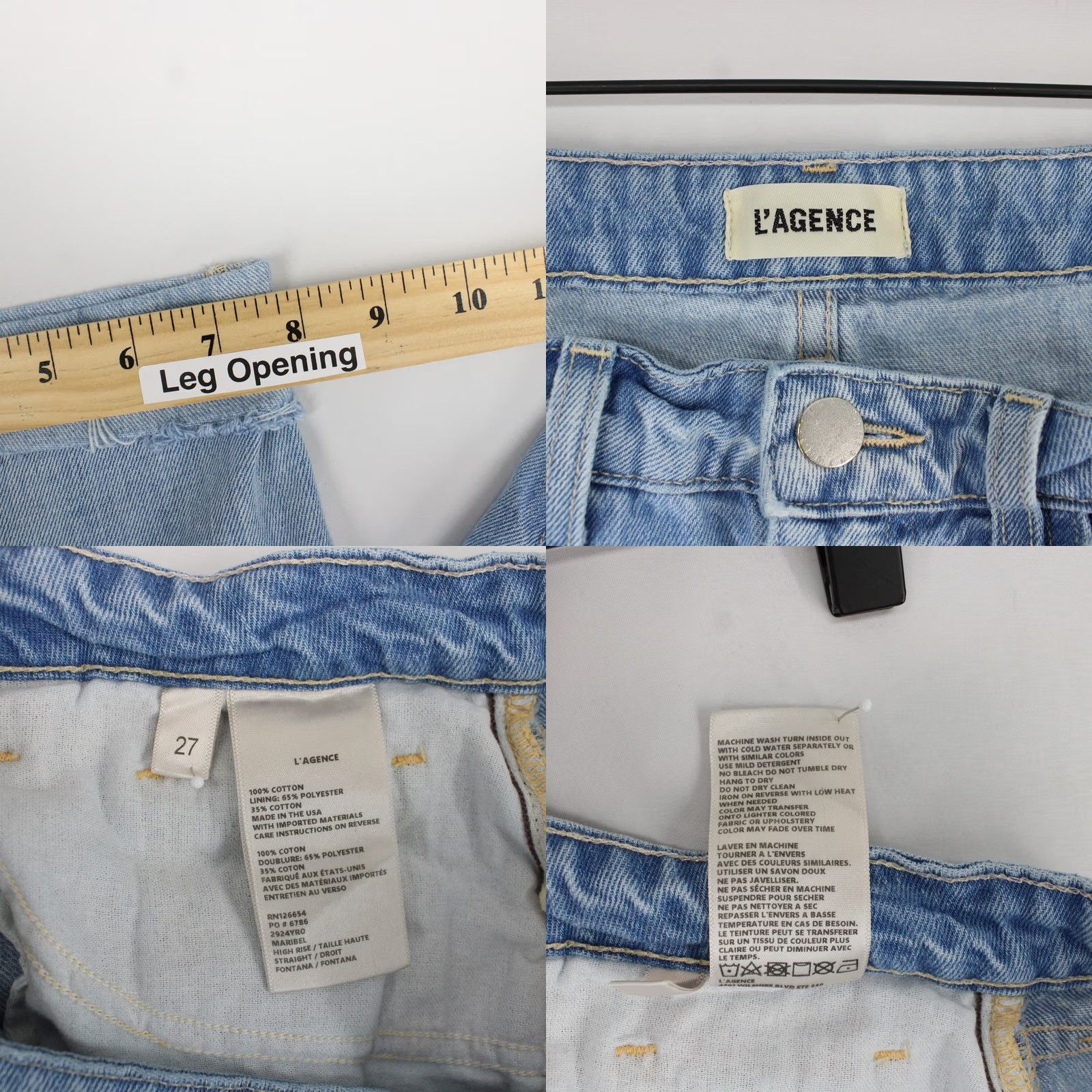 L'AGENCE L'Agence Maribel Jeans Womens 27 Blue High Rise Straight Cropped Raw Hem Denim 100% Cotton Leather? Size 27" / US 4 / IT 40 - 8 Thumbnail
