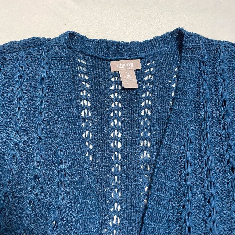 Chicos Chico's Blue Open Front Short Sleeve Knit Cardigan Size 2 U Size M / US 6-8 / IT 42-44 - 7 Thumbnail
