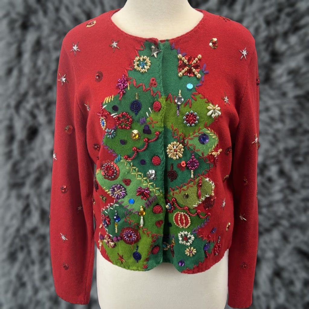 VINTAGE Michael Simon Christmas Cardigan Sweater Women’s Large Red Beaded Knit