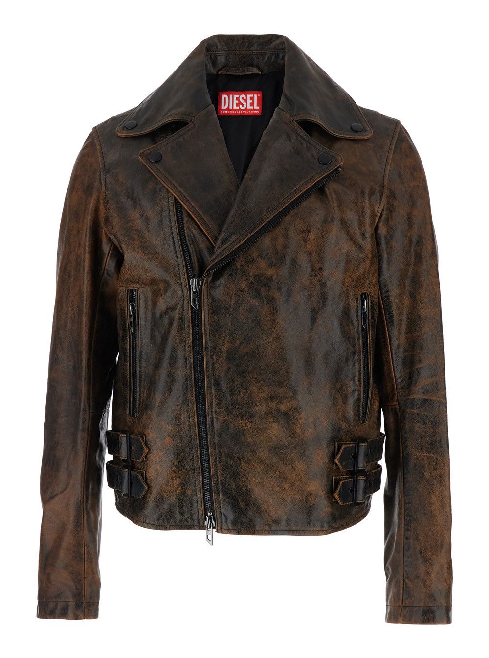 'L-Eon' Brown Biker Jacket with Classic Wide Lapel and Distressed Look in Leather Man