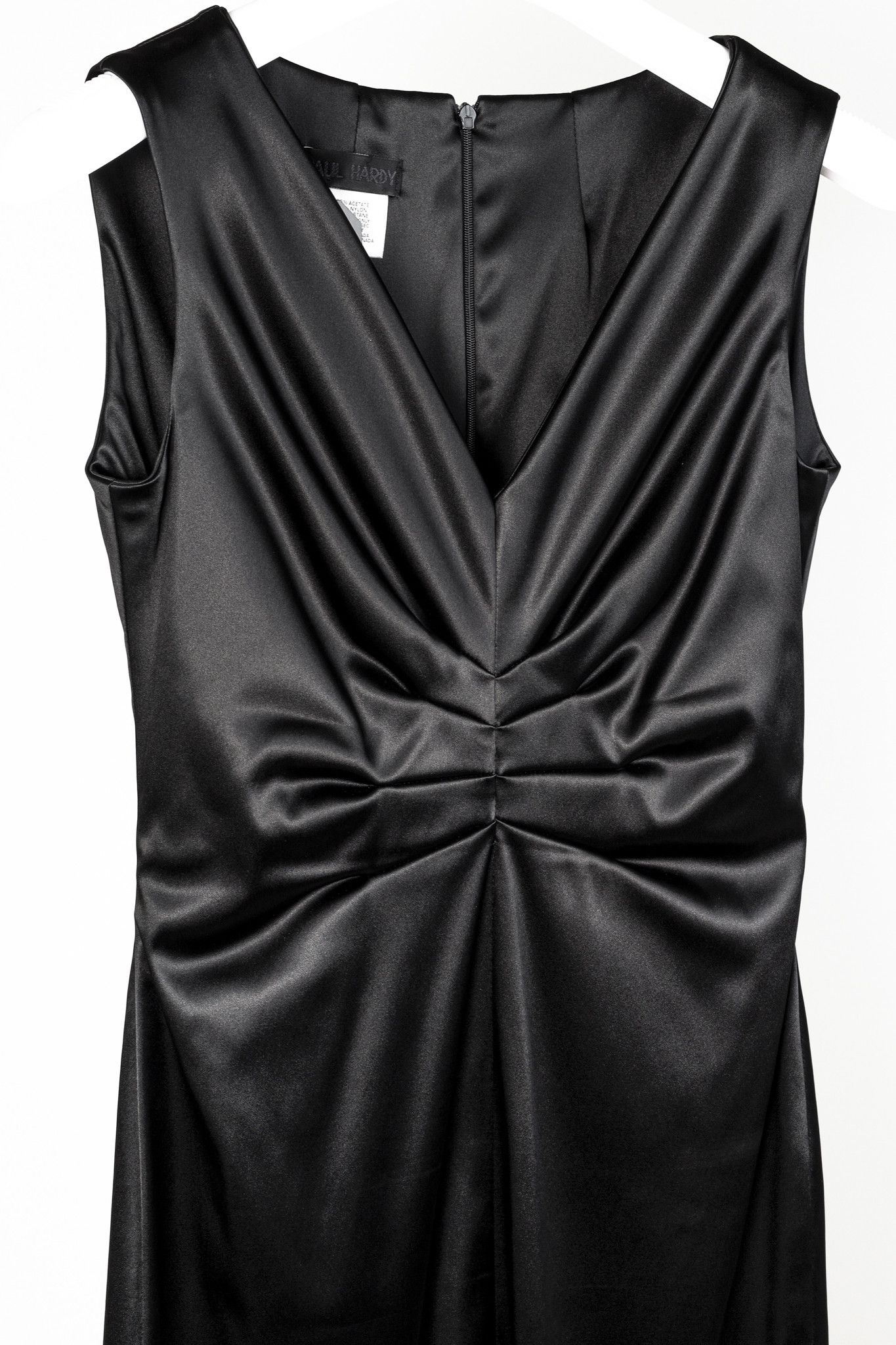 Paul Hardy Black Satin Pleated Sleeveless Midi Dress