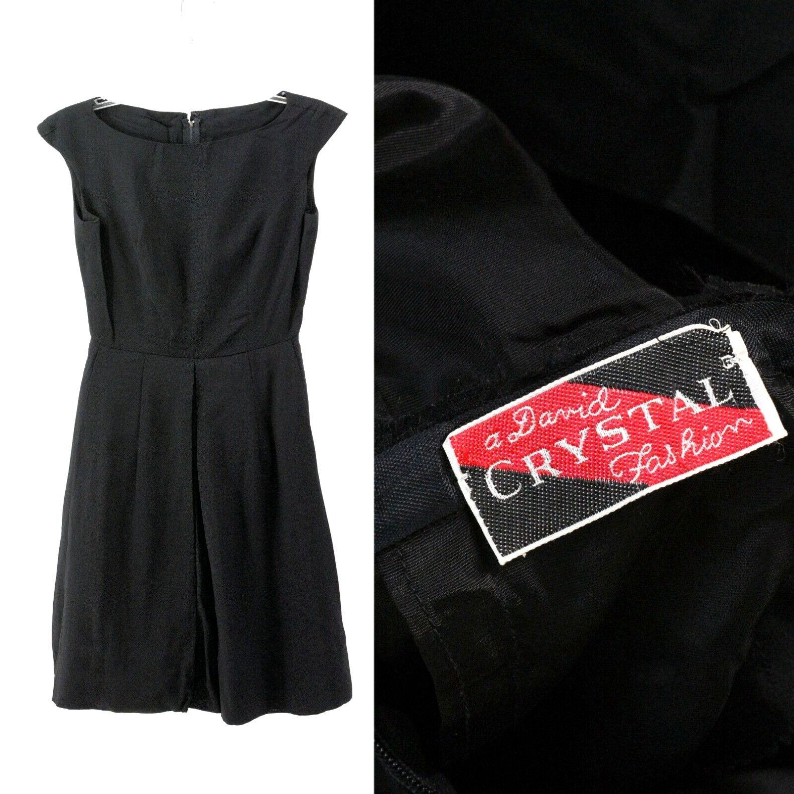 image of 60S Vintage Womens Boat Neck Sheath Dress Black Invert Pleat Xs David Crystal in White