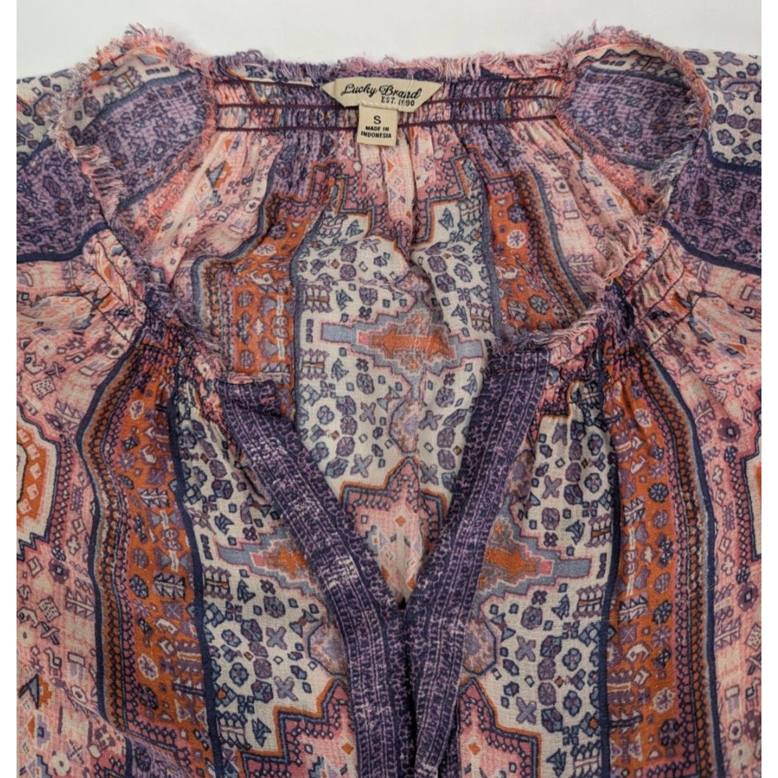 Lucky Brand Lucky Brand Blouse Women’s Small Fringe Trim Geometric Purple V-Neck Casual Shirt Size S / US 4 / IT 40 - 6 Thumbnail