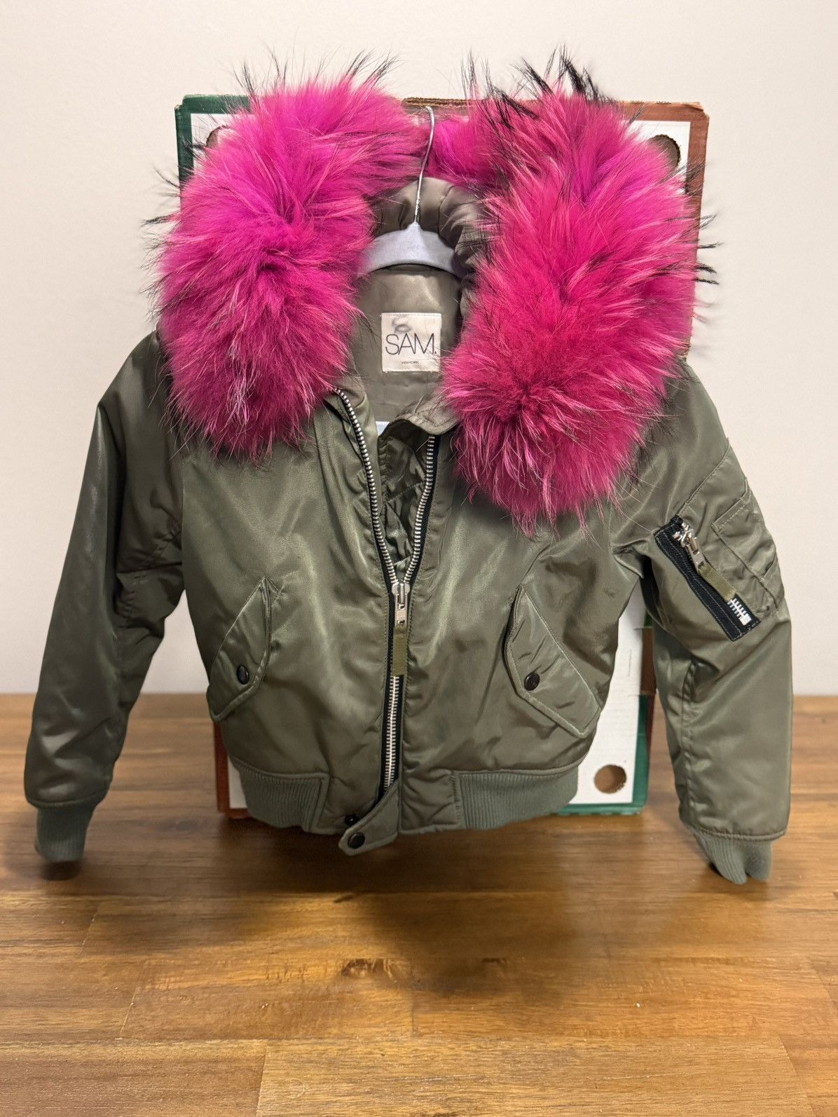 SAM. Sam Bomber Jacket Girls Size 8 Green Pink Fur Collar Size M / US 6-8 / IT 42-44 - 6 Thumbnail