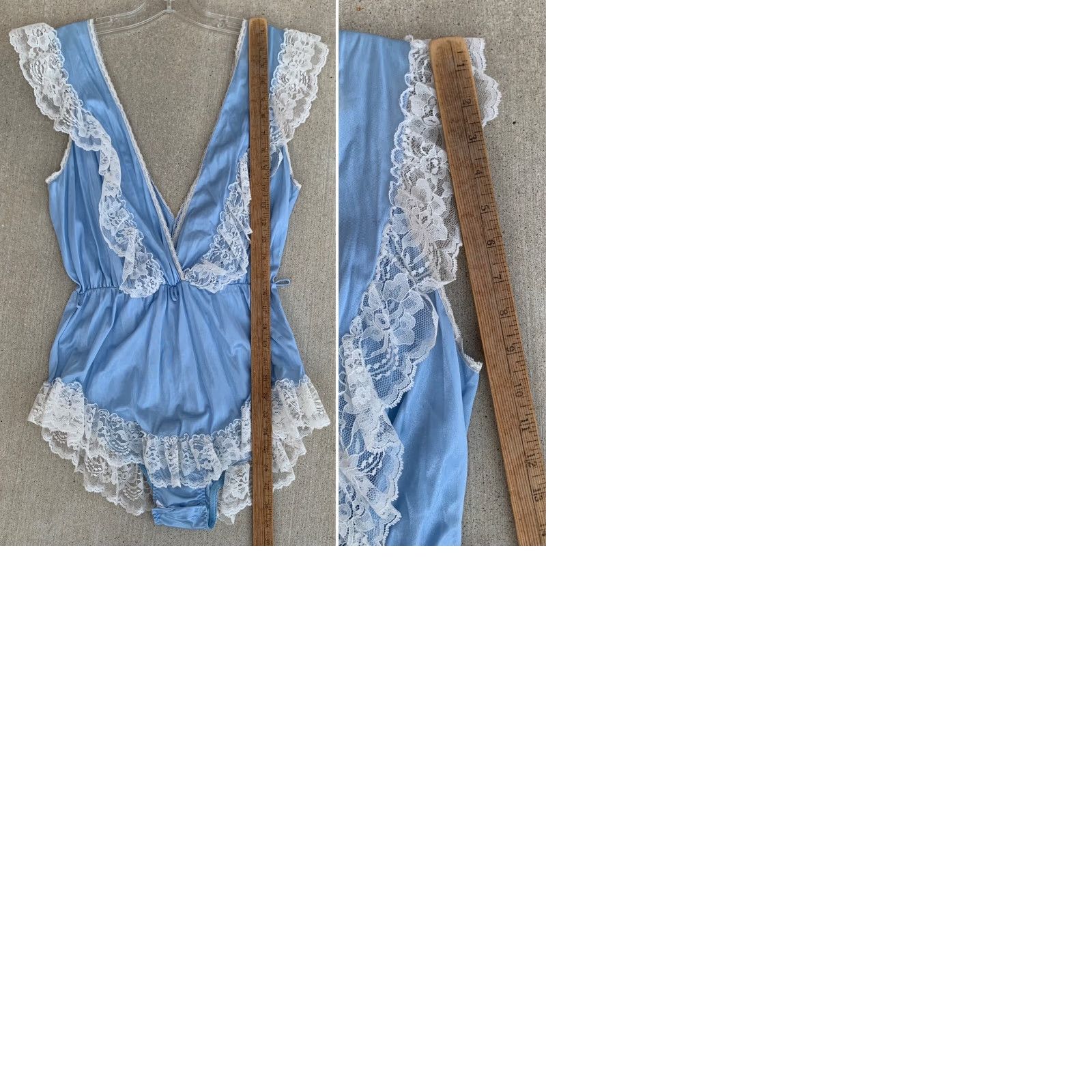 Vintage VINTAGE Flair Nylon Teddy One Piece Playsuit Romper Lace Ruffle Union Made Sz M Blue 1980s Glam Rock Flair Mens Womens Girls Boys Size 32" / US 10 / IT 46 - 12 Thumbnail
