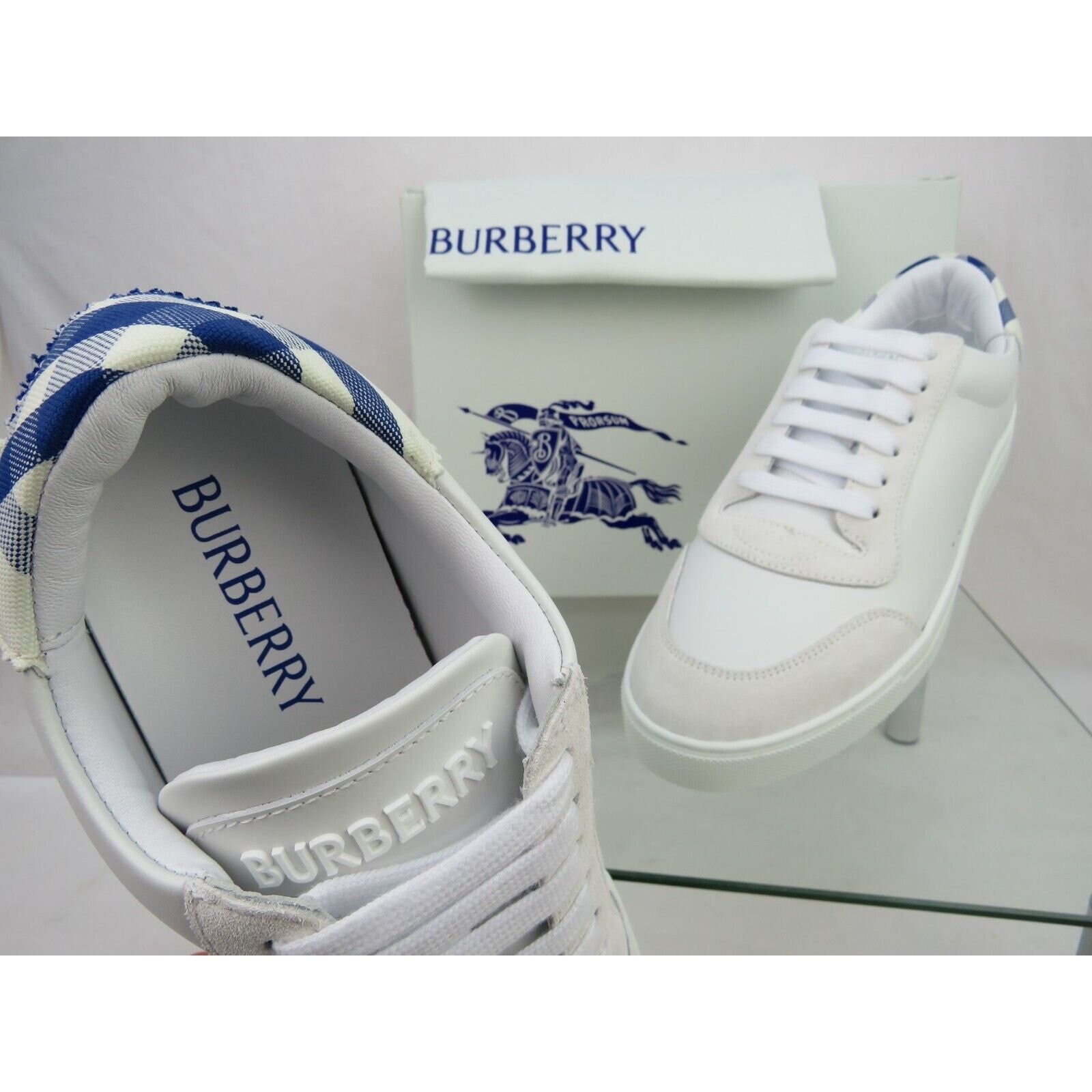 Burberry ROBIN WHITE BLUE CHECK LEATHER LOW LOGO SNEAKERS 12.5 45.5 Size US 12.5 / EU 45-46 - 4 Thumbnail