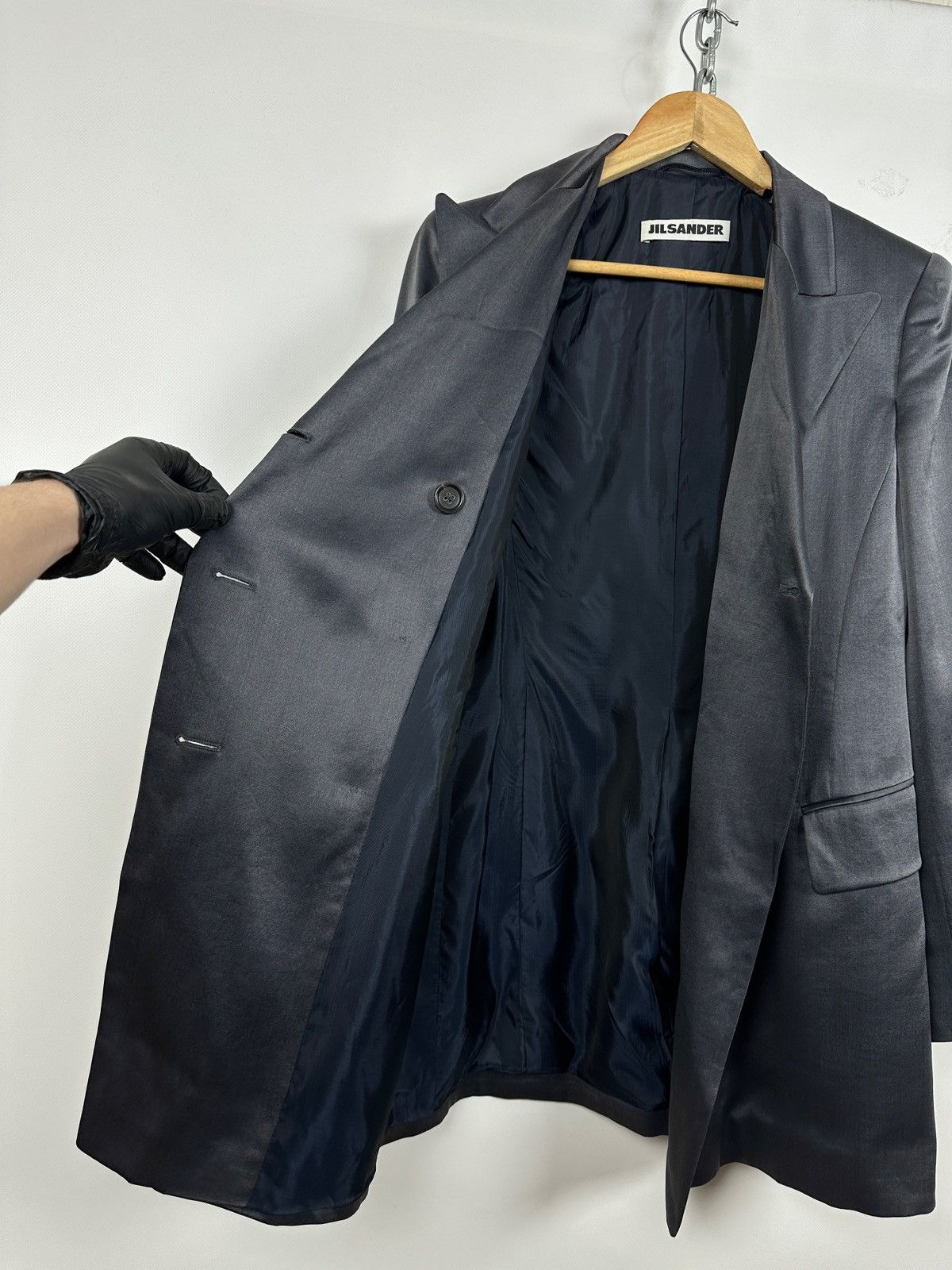 Jil Sander 90-00s Vintage Jil Sander Gray Silk Double Breasted Blazer Size XS / US 0-2 / IT 36-38 - 21 Thumbnail