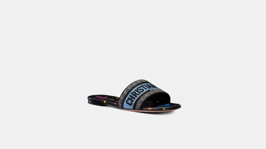 Dior o1w1db10924 Embroidered Cotton Slides in Black Multi Size US 12 / IT 42 - 2 Thumbnail