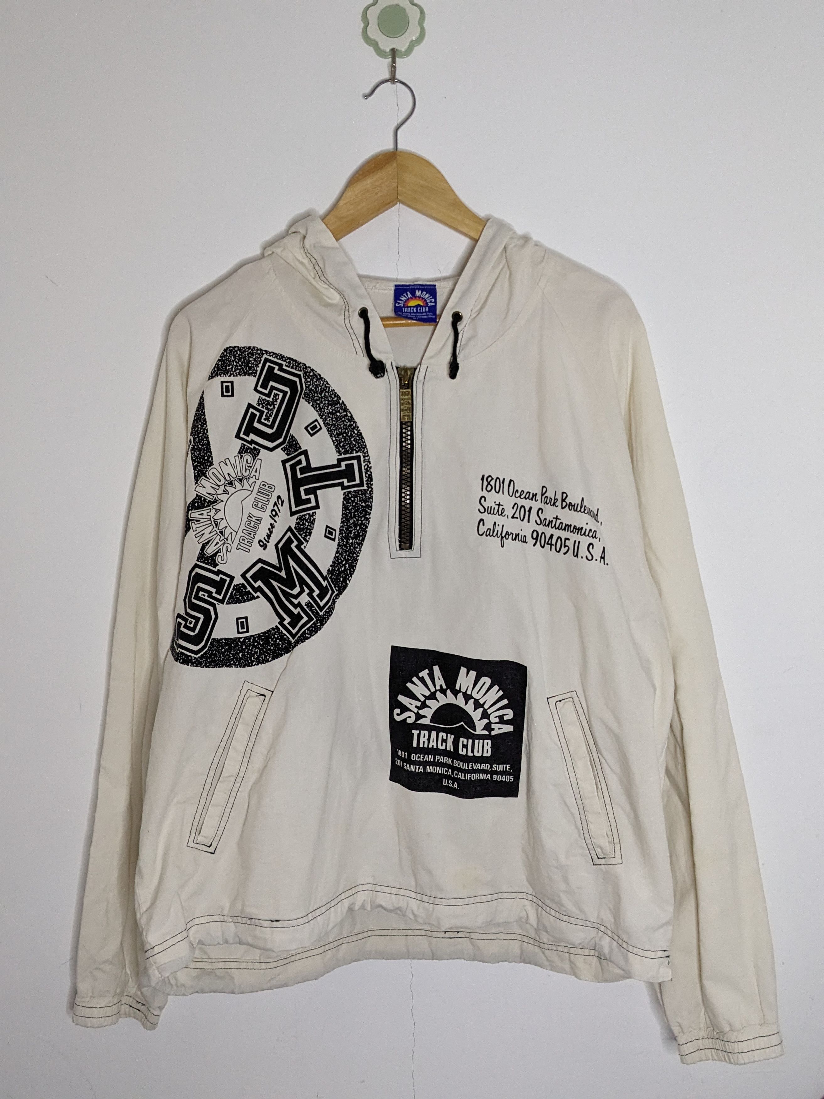 image of Very Vintage Santa Monica Track Club Half Zipper Hooded Jacket, Men's (Size Large)