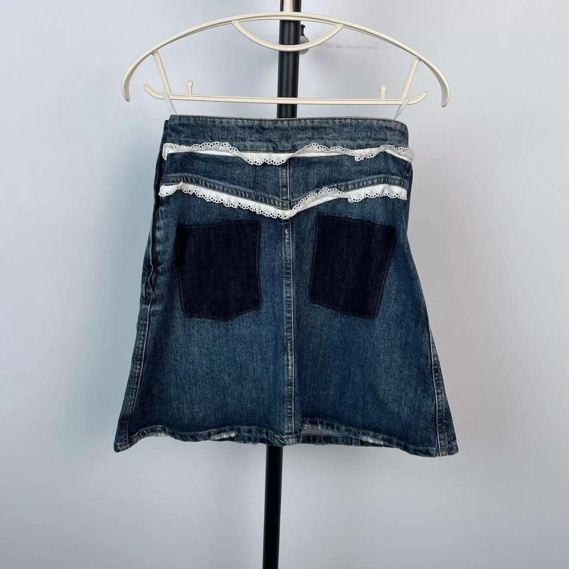 Miu Miu MIU MIU Denim Skirt with Lace Trim Blue 38 95 New Size 26" / US 2 / IT 38 - 2 Thumbnail