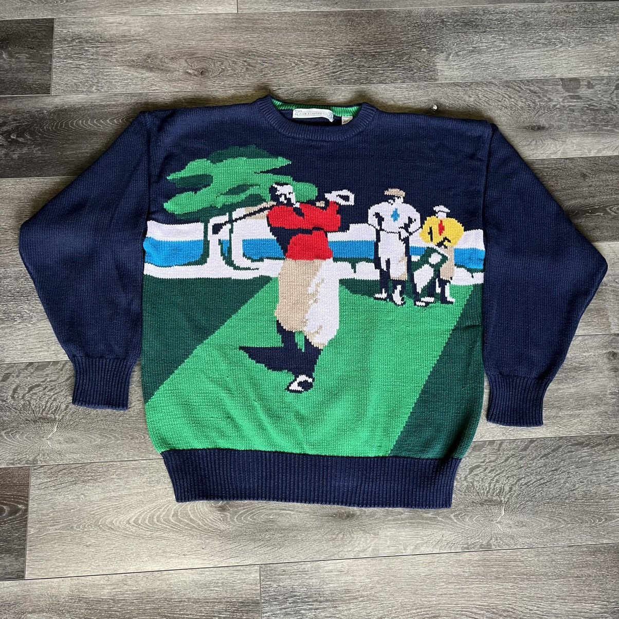 John Ashford × Vintage Vintage 1990s John Ashford Golf Knit All Over Logo Sweater Size US XL / EU 56 / 4 - 1 Thumbnail