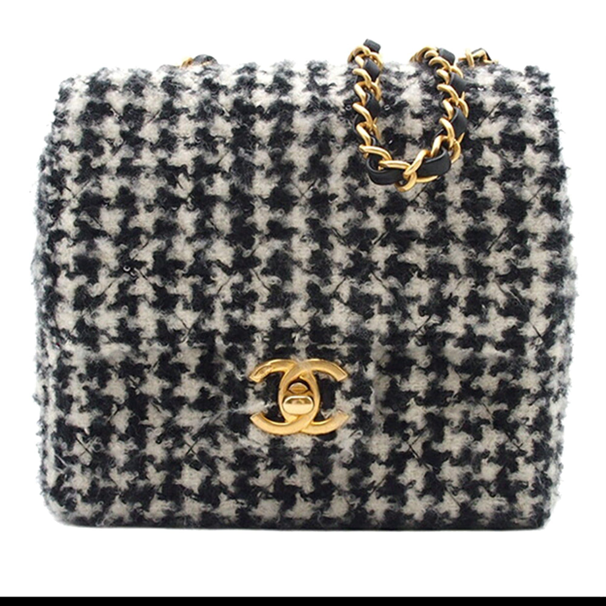 Mini Square Quilted Tweed Houndstooth Straight Single Flap