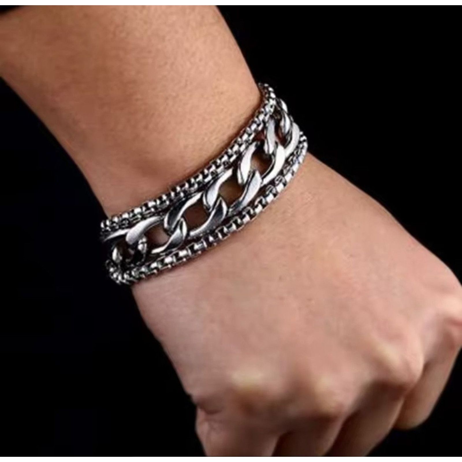 Jewelry Double Chain Bracelet Pop Punk Y2K in Silver, Men's