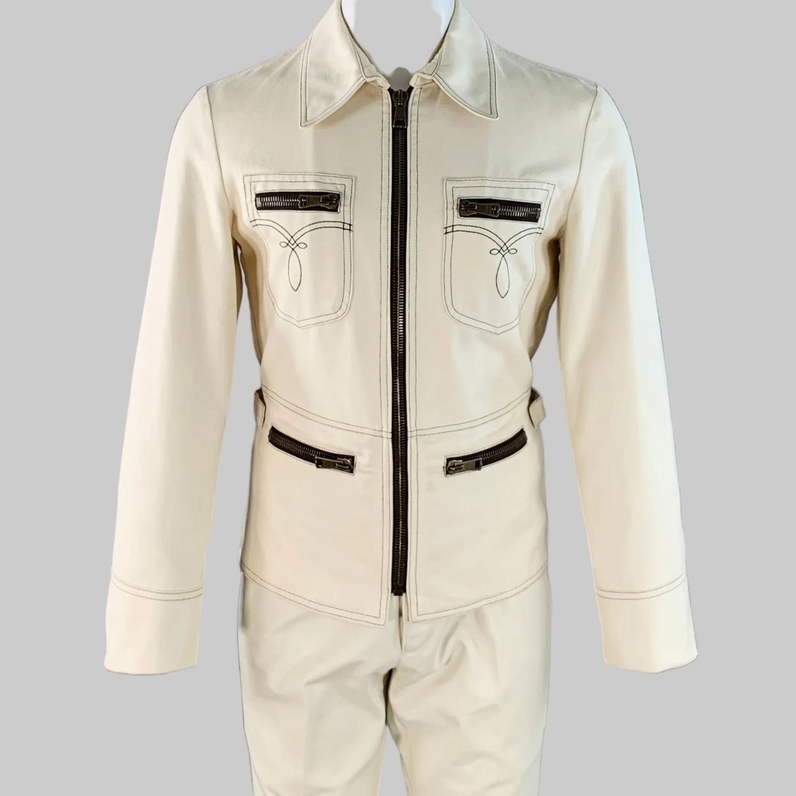 Gucci Size 36 Cream Contrast Stitch Cotton Western Zip Up Suit Size 36R - 1 Thumbnail
