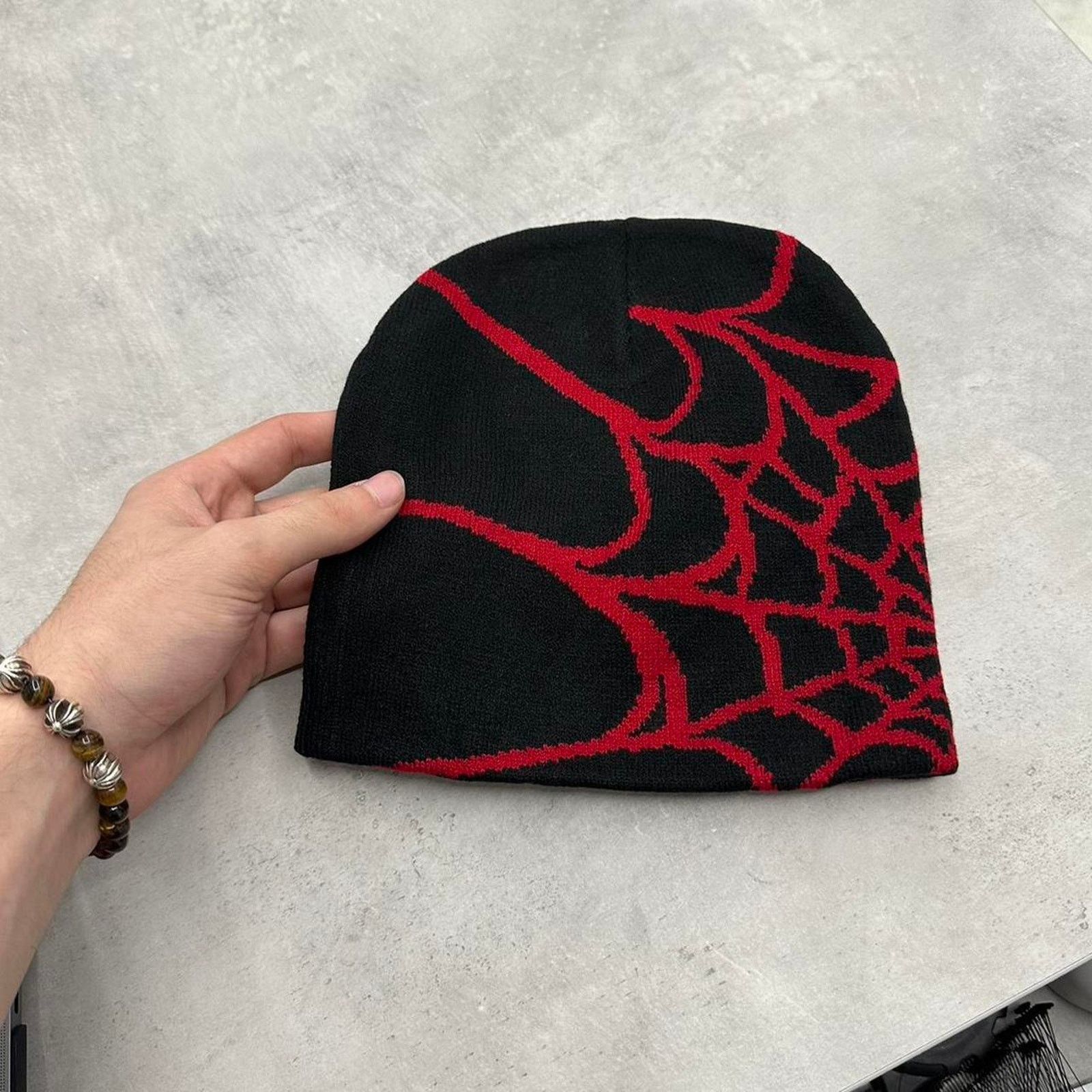 Other Vintage Style Red and Black Spider Web Beanie Hat Accessory Size ONE SIZE - 3 Thumbnail