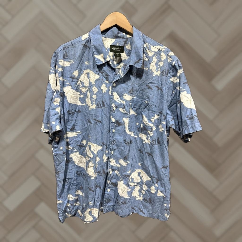 Eddie Bauer Eddie Bauer Button-Up Shirt Mens XL Short Sleeve Collared 90s Map Geometric Print Blue Gray Size US XL / EU 56 / 4 - 1 Thumbnail