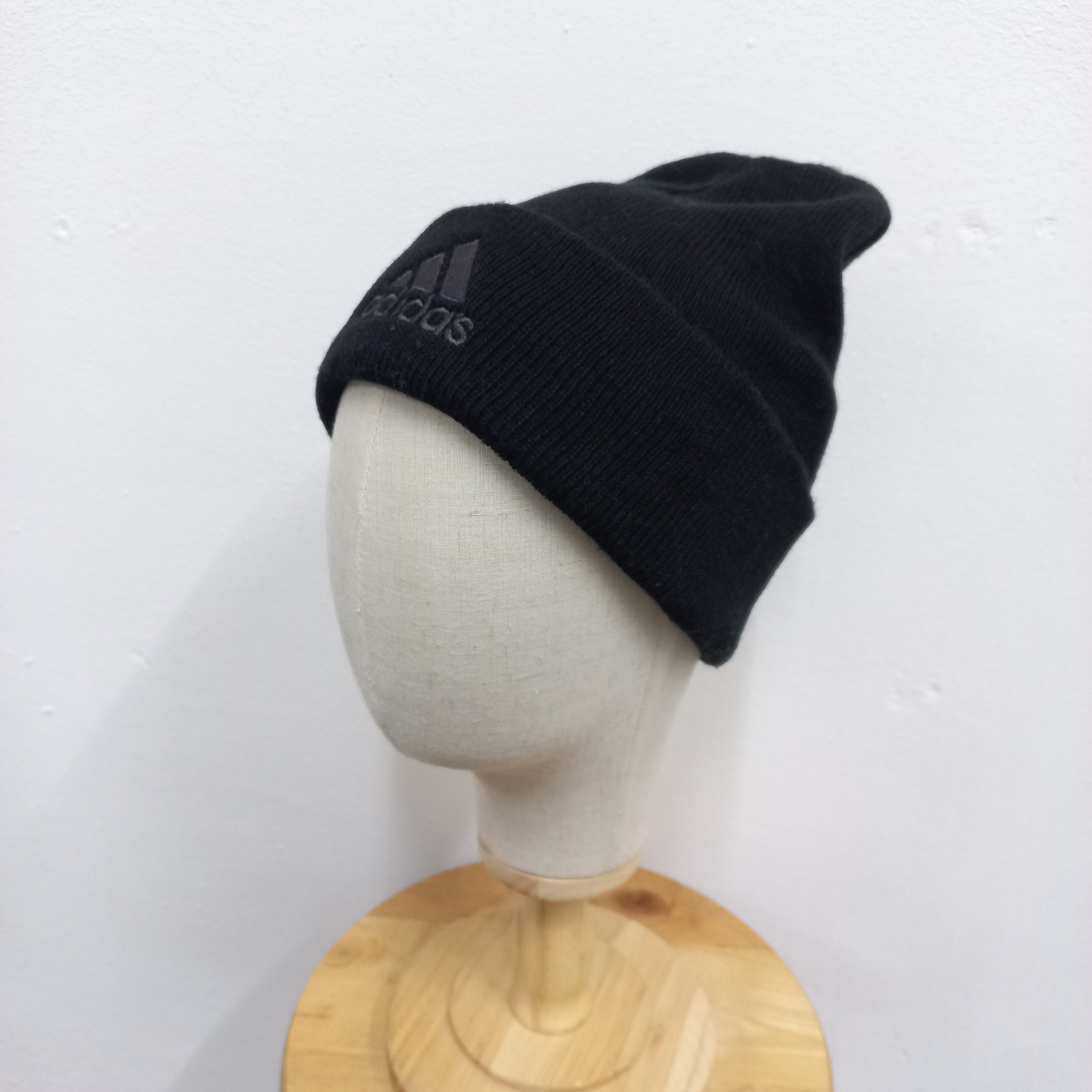 Adidas 💥Vintage adidas three bar big logo super black beanie hat Size ONE SIZE - 2 Thumbnail