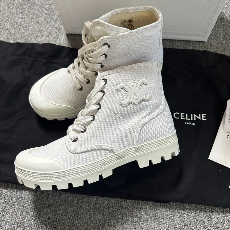 Celine CELINE Logo canvas lace-up sneakers small white booties ca Size US 7.5 / IT 37.5 - 3 Thumbnail