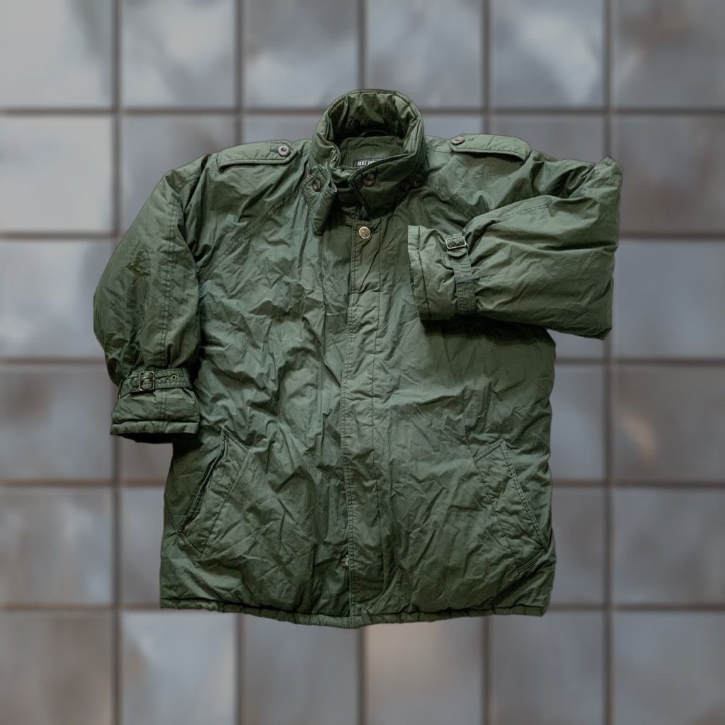 VINTAGE Holt Renfrew Green Goose Down Filled Puffer Belted Trench Coat Jacket XL Green Down Puffer Jacket Mens Womens Boys Girls