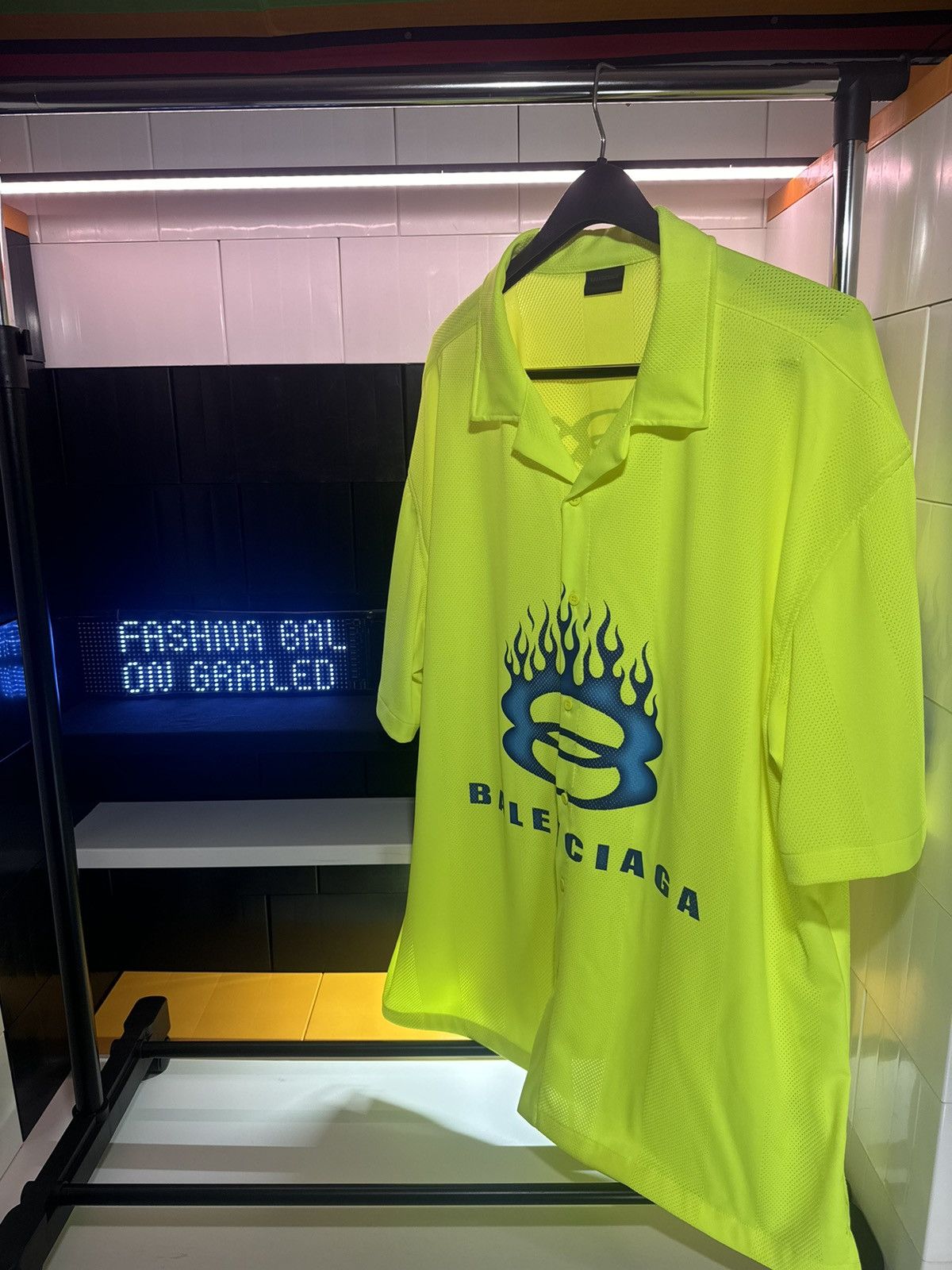 Balenciaga Fluo Yellow Striped Mesh Shirt Size XL