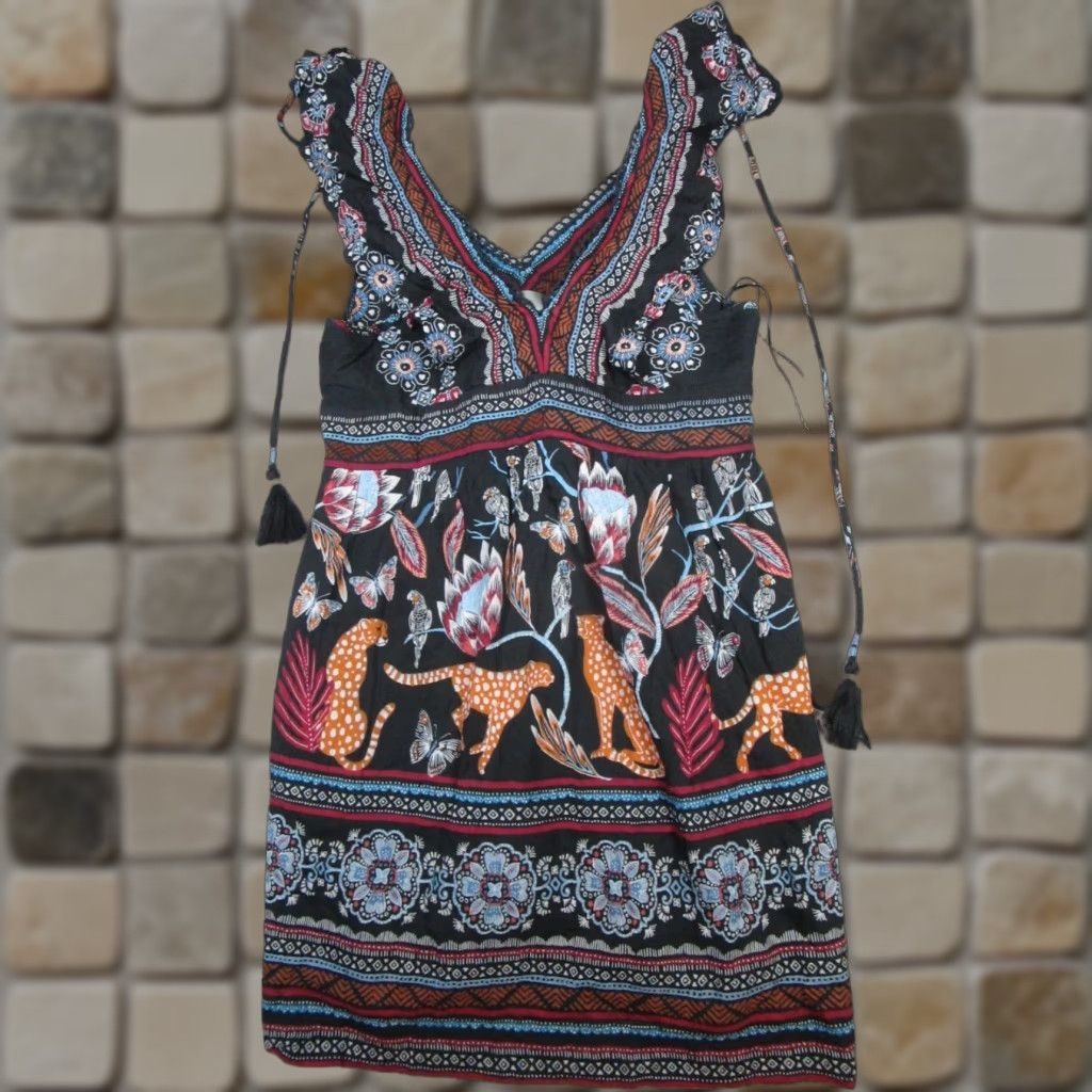 Anthropologie Anthropologie Dress Blouson Womens S Black Cotton Blend Geometric Sleeveless V-Neck Pullover Casual Short Dress Size S / US 4 / IT 40 - 1 Thumbnail