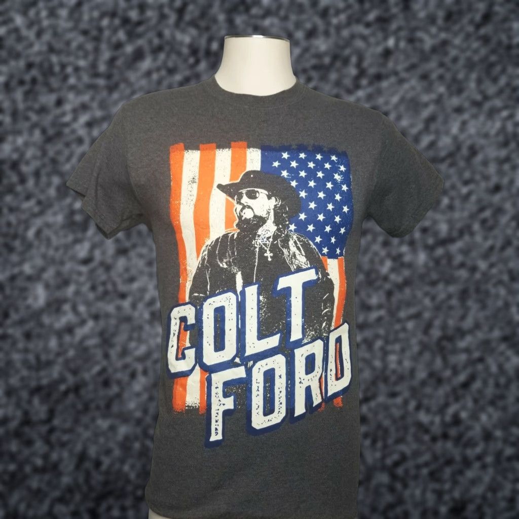 Gildan Mens S Colt Ford American Flag Band Tee T Shirt Country Rapper Gray Cotton Short Sleeve Crew Neck Gildan Heavy Cotton Logo Printed Regular Mens Size US S / EU 44-46 / 1 - 1 Thumbnail