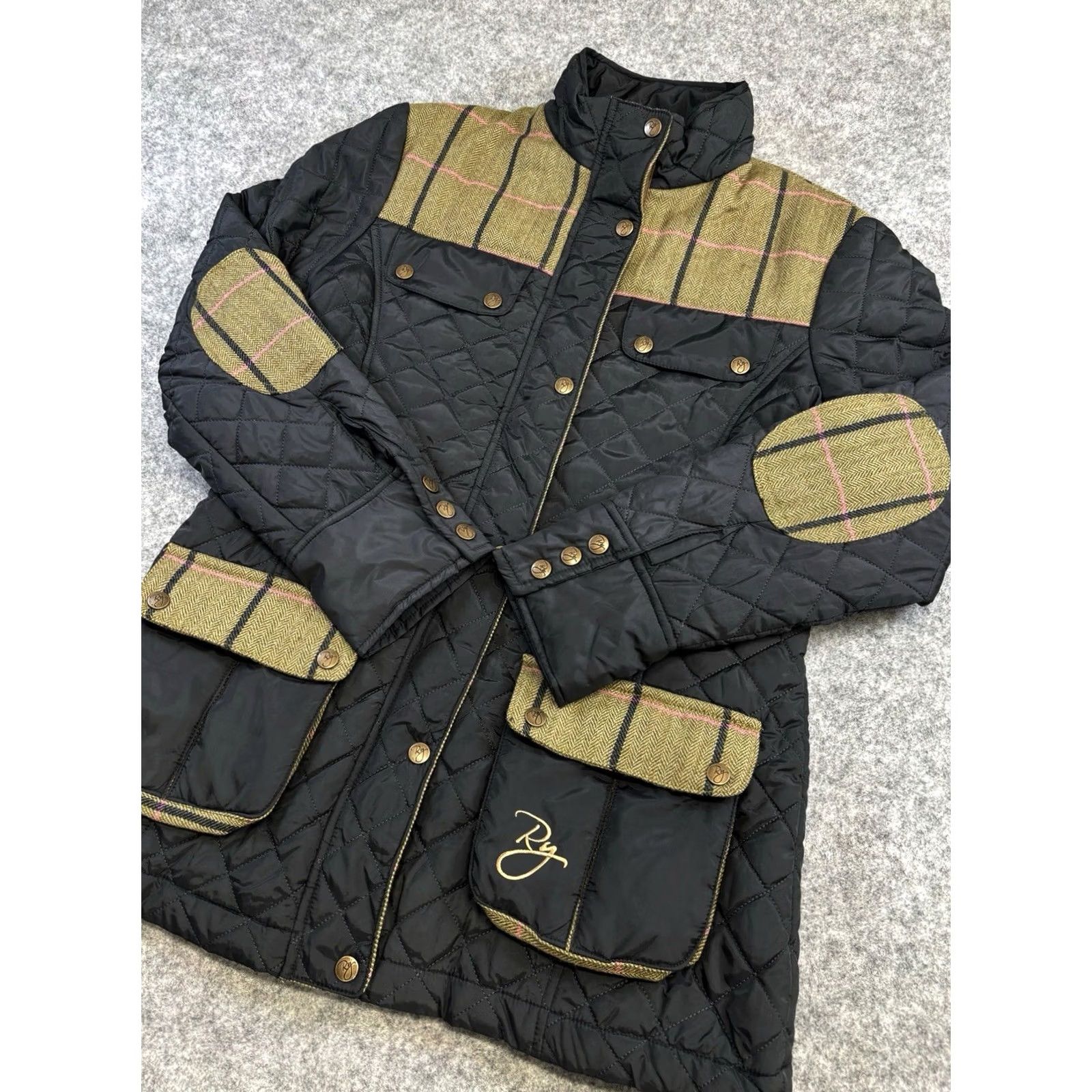 Vintage VINTAGE? No — Rydale Tweed Trim Quilted Jacket Women M Black Argyle/Diamond Quilted All Seasons Pockets Zip/Snap Equestrian Country Modern Regular Size M / US 6-8 / IT 42-44 - 3 Thumbnail