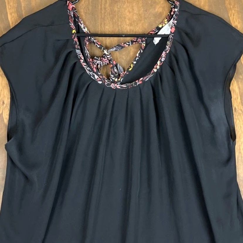 Vintage LC Lauren Conrad Blouse Womens Sleeveless XL Black Multi Floral Back Tie Pleated Crew Neck Chiffon Lightweight Casual Workwear Party/Cocktail Size XL / US 12-14 / IT 48-50 - 2 Thumbnail
