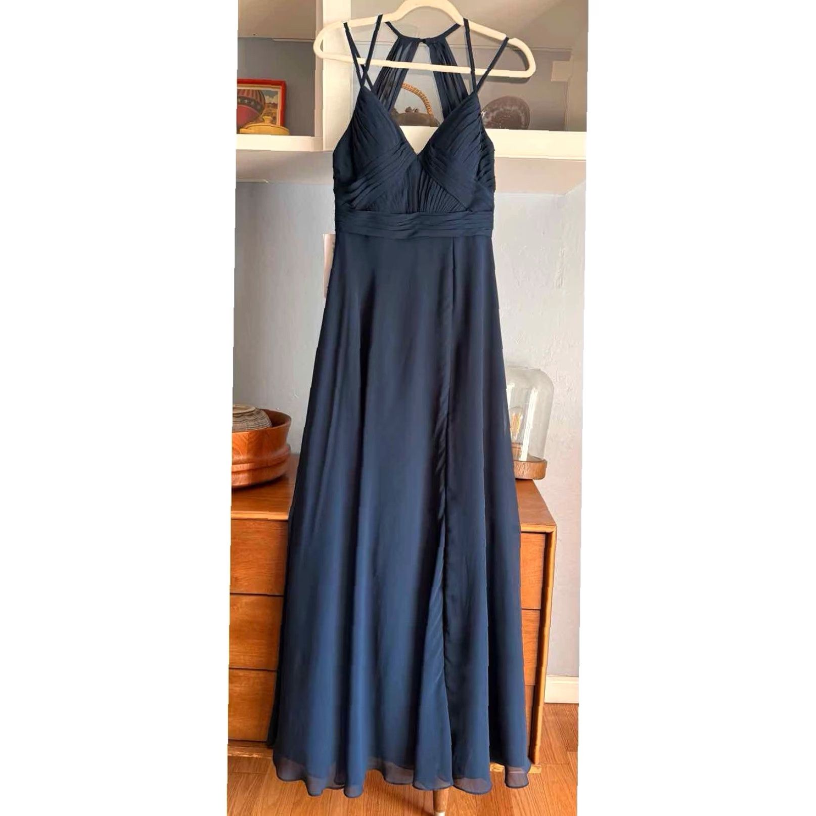 Vintage Azazie Aubrey Navy Dress Gown Bridesmaid Sleeveless Size 6 Navy 100% polyester Womens Gown Size ONE SIZE - 2 Thumbnail