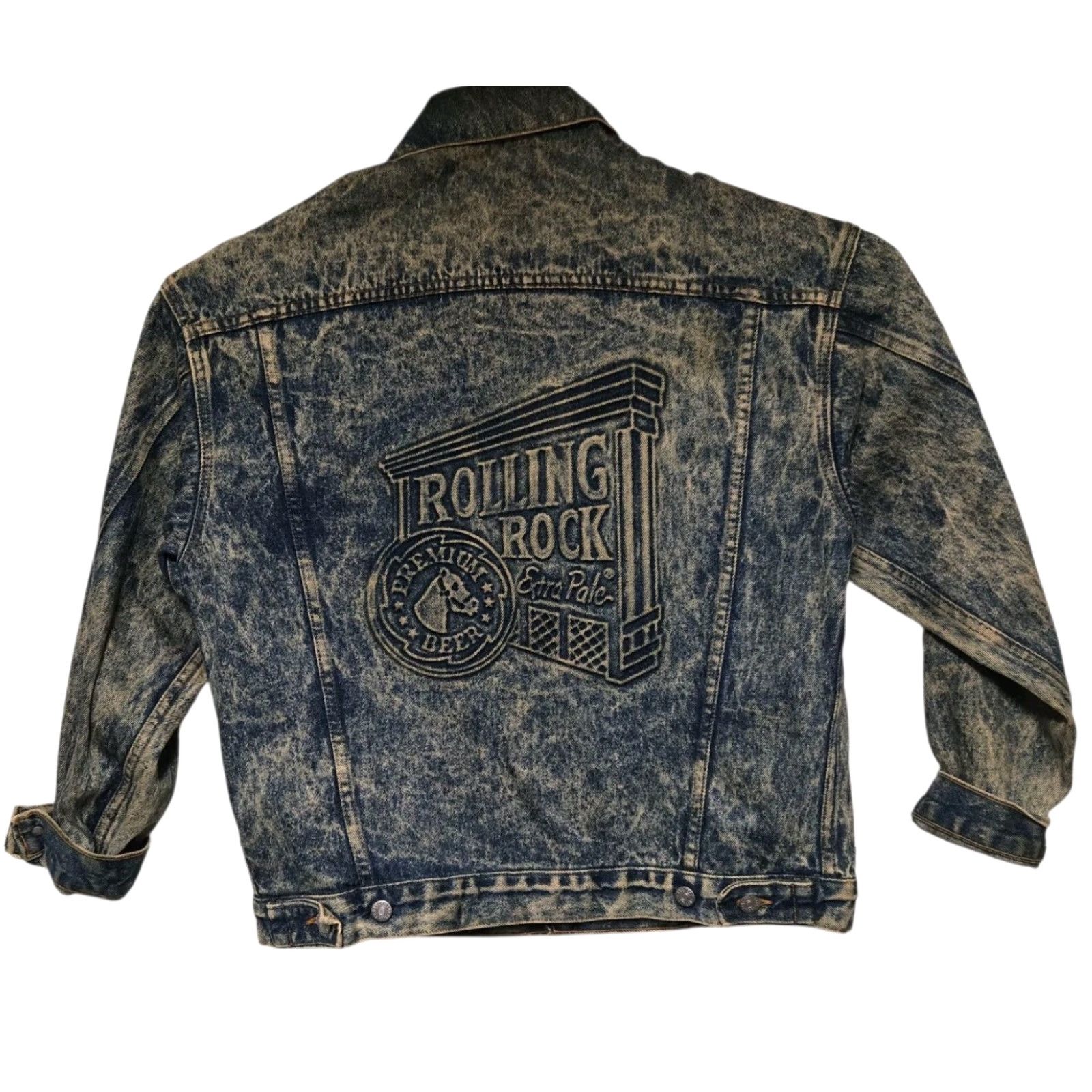 Vintage VINTAGE Rolling Rock Jean Jacket Mens Small Patch Embossed 80s Acid Wash Denim Bomber Jacket Blue Size US 29 - 5 Thumbnail