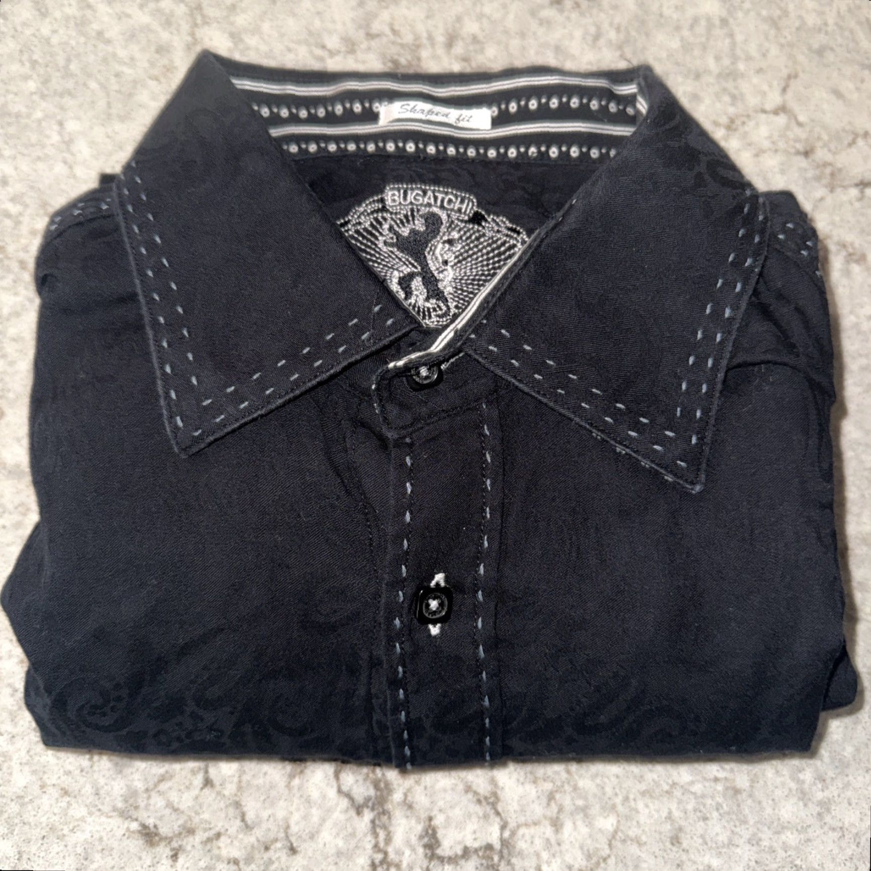 BUGATCHI VINTAGE Bugatchi Shaped Fit Men's Dress Shirt Black Paisley Long Sleeve Cotton XL Button Size 46R - 3 Thumbnail