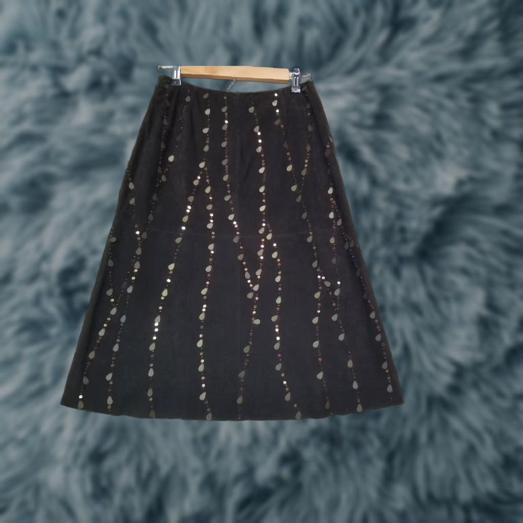 Vintage NWT VTG Lafayette 148 New York 100% Suede Brown Beaded Mirror Embellished Knee Length A-Line Skirt Size 4 Women Brown Suede Beaded Knockout? Size 27" / US 4 / IT 40 - 1 Thumbnail