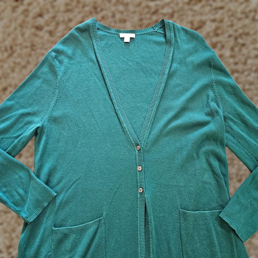 J. Jill J Jill Cardigan Sweater Womens XL Green Ribbed Long Sleeve Duster Casual Knit Silk Blend Pockets Size XL / US 12-14 / IT 48-50 - 1 Thumbnail