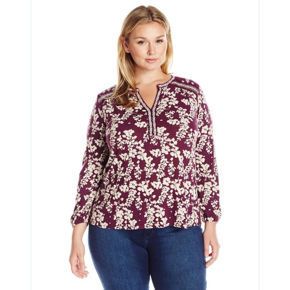 Lucky Brand NWT New $70 Lucky Brand Split Neck Purple Floral Cotton Top Size XL / US 12-14 / IT 48-50 - 1 Thumbnail