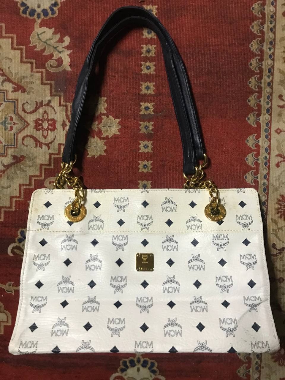 MCM Vintage MCM White Leather Chain Tote Bag Visetos Cognac Size ONE SIZE - 1 Thumbnail