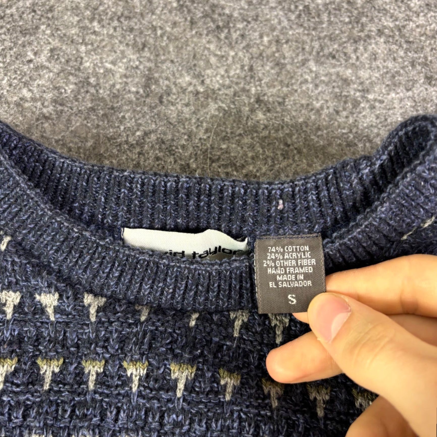 Vintage David Taylor Mens Navy Blue Tan Knit Crewneck Sweater Small Cotton Blend Size US S / EU 44-46 / 1 - 3 Thumbnail