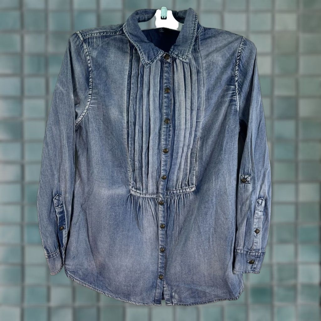 Denime Vintage REBA Women's Denim Gathered Button Shirt Long Sleeve Blue Size S Size S / US 4 / IT 40 - 1 Thumbnail