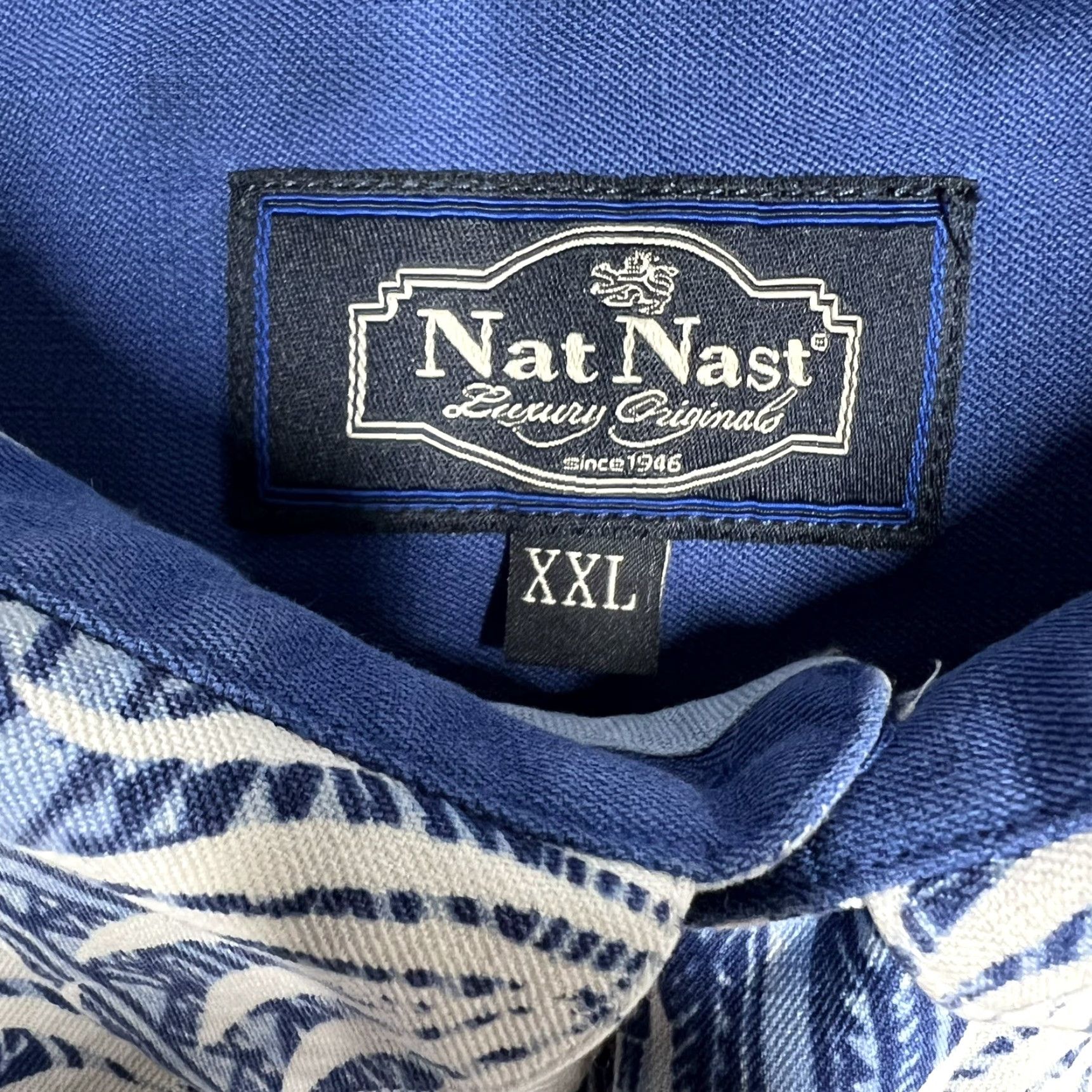 Nat Nast Nat Nast Button-Up Shirt Men Hawaiian Blue Floral Leaf Silk Cotton 2XL Casual Geometric Microfiber Buttons Short Sleeve Collared Spread Vintage No Size US XXL / EU 58 / 5 - 7 Thumbnail