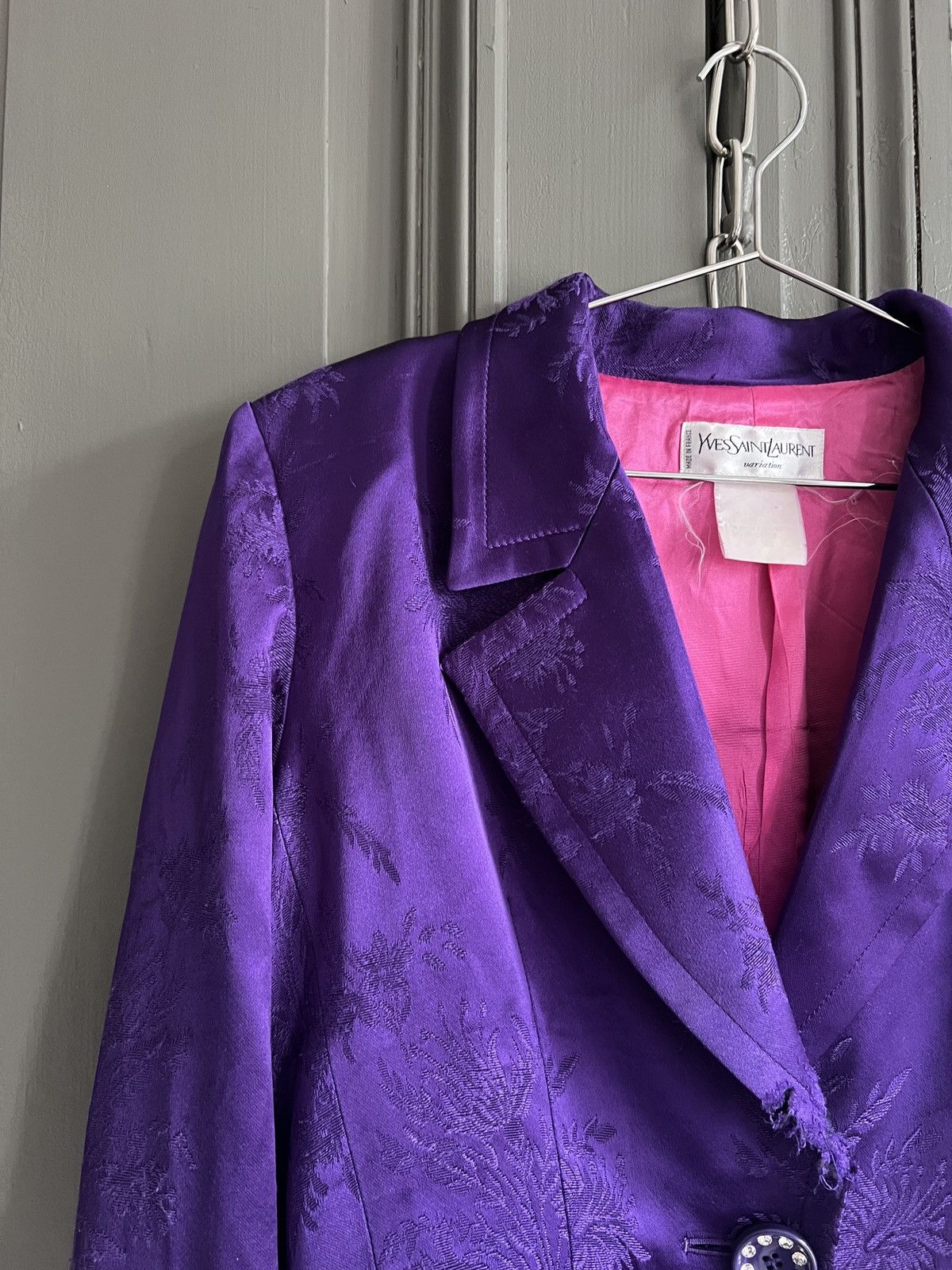 Saint Laurent Paris × Vintage × Yves Saint Laurent Arcived 1988 Yves Saint Laurent Purple Satin Damask Blazer Size M / US 6-8 / IT 42-44 - 7 Thumbnail