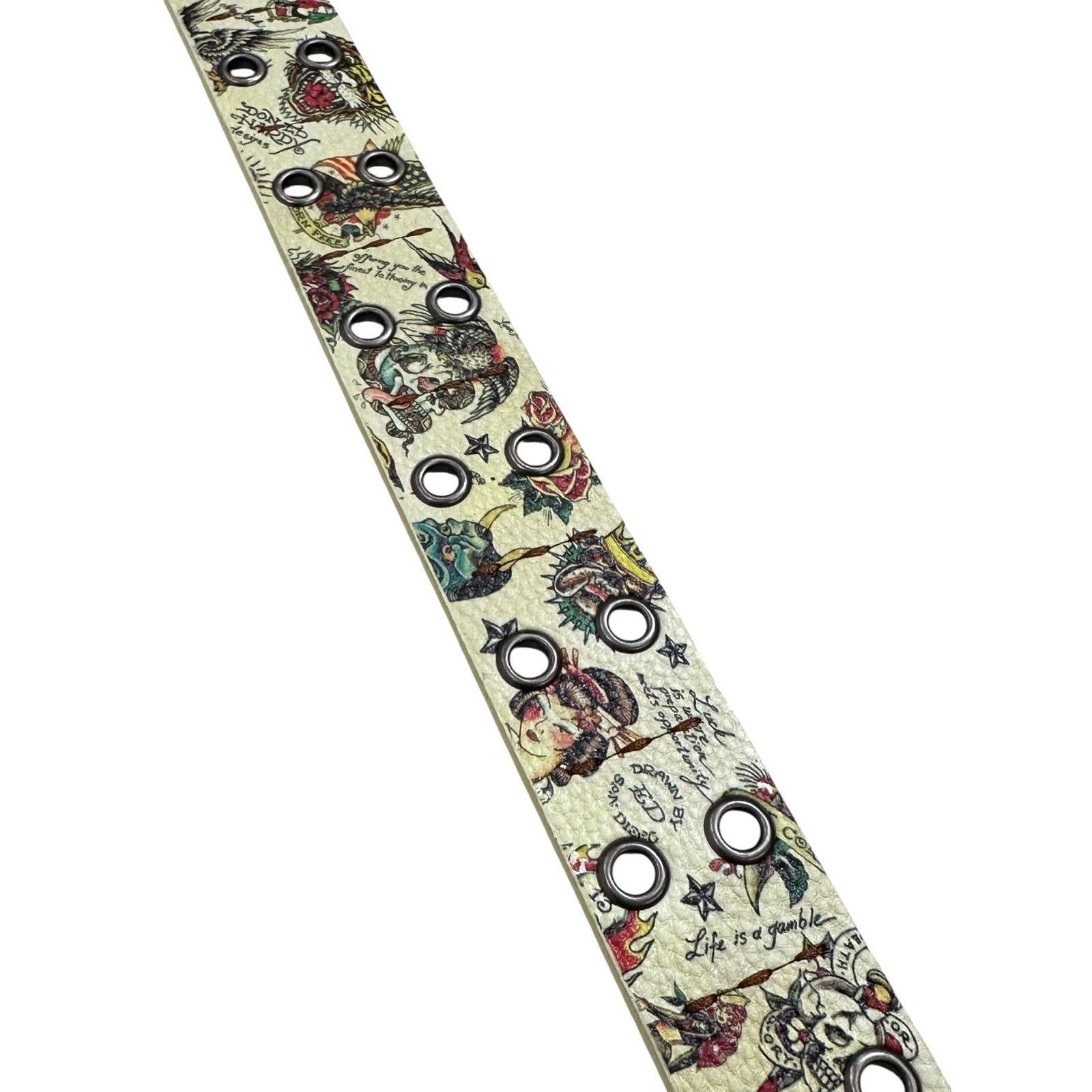 Ed Hardy Ed Hardy Men's Double Prong Ace of Hearts Printed Cream Belt Size 32 - 6 Thumbnail