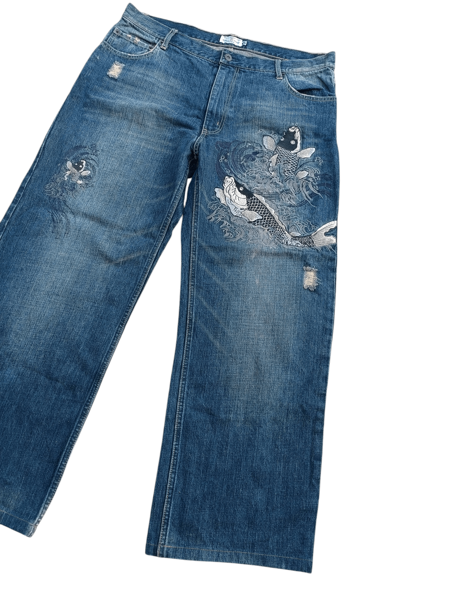 Japanese Brand 🔥DOPE🔥Karakuri Distressed Koi Fish Embroidery Jeans Size US 36 / EU 52 - 9 Thumbnail