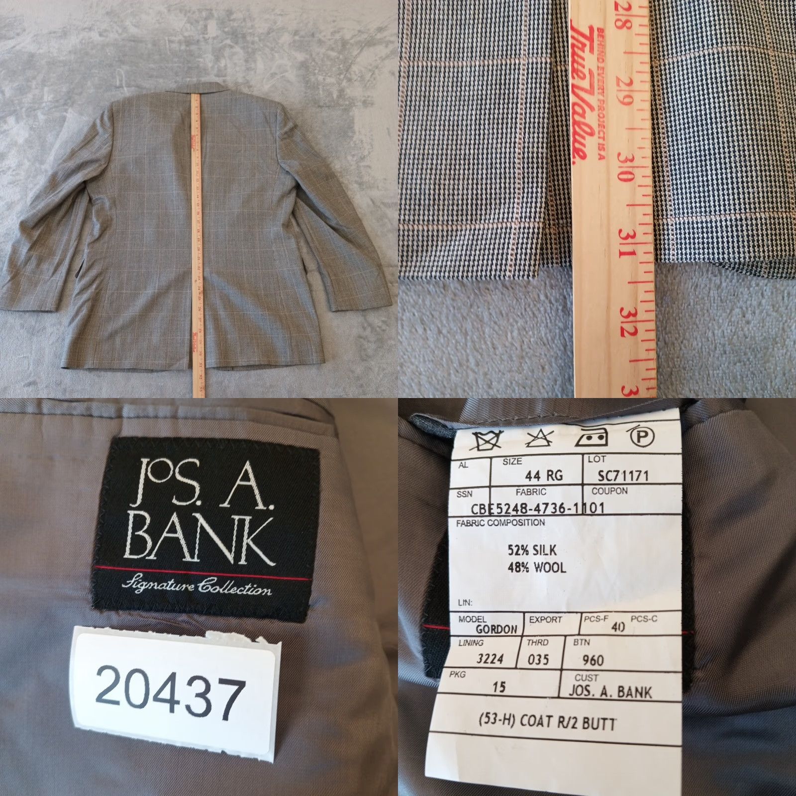 Jos. A. Bank Jos. A. Bank Blazer Mens 44 Gray Plaid Silk Wool Blend Two-Button Single Vent Jazz Notch Lapel 2 Piece Regular Mens Size 44R - 8 Thumbnail