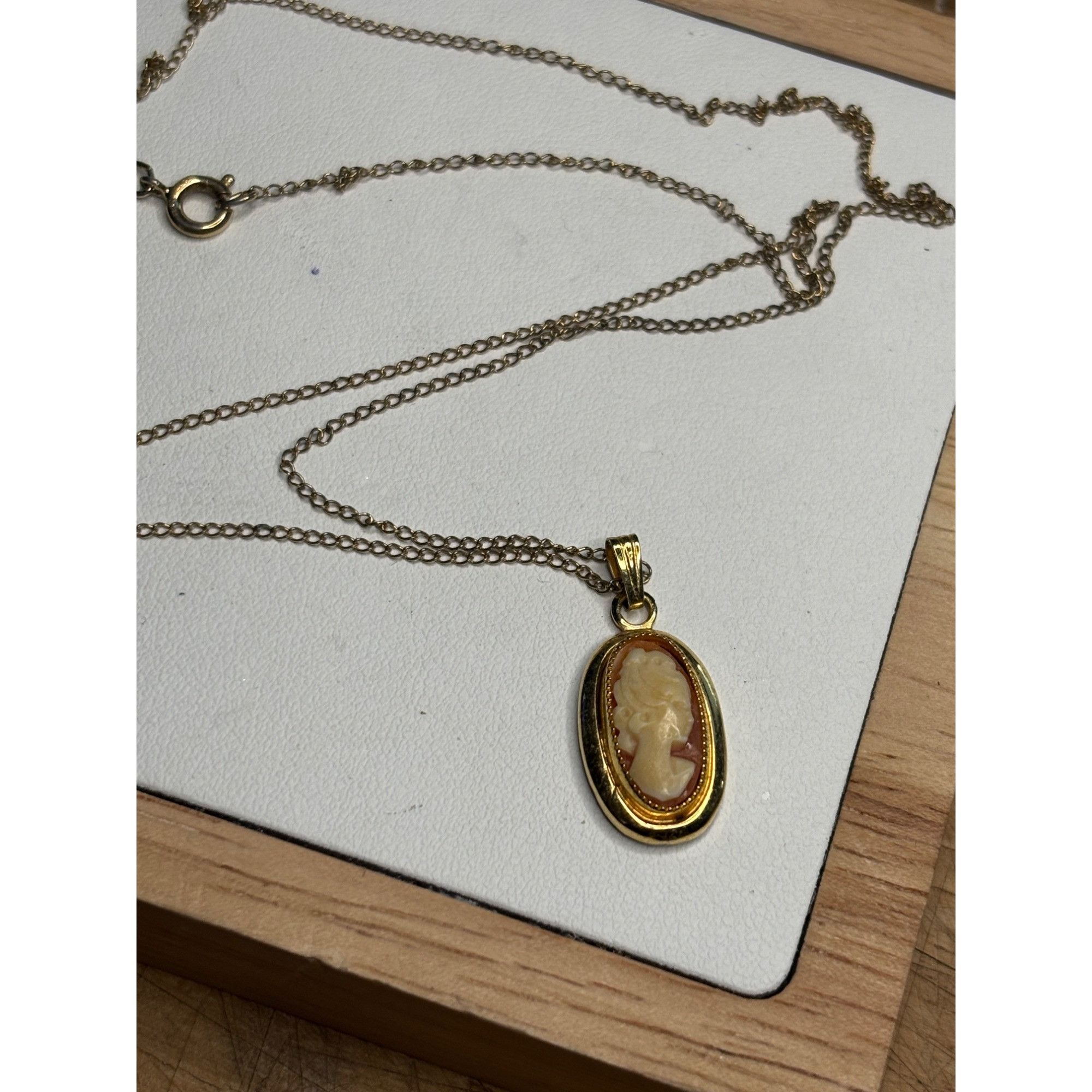 Vintage 12K Gold Cameo Pendant Necklace With Oval Frame & De