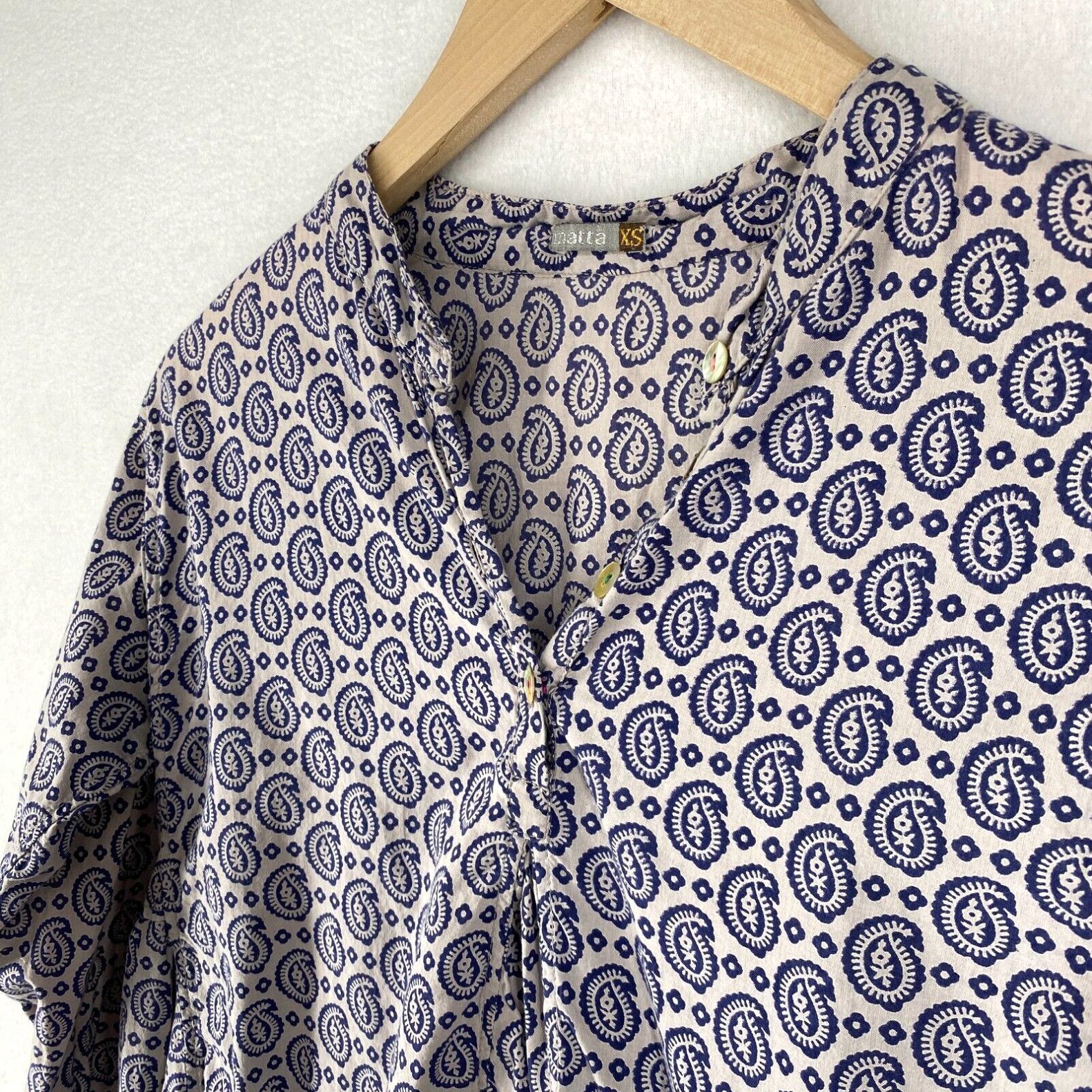 image of Vintage Matta Blouse Xs Mandarin Collar Paisley Popover Long Sleeve Cotton Gray Blue in White, Wome